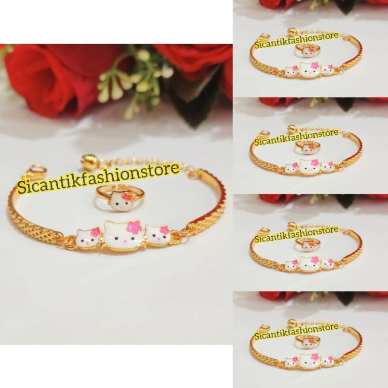 Gelang Titanium Anak Anak Perhiasan Set Anak Anak Hello Kitty Gelang Cincin Terlaris Anti Karat