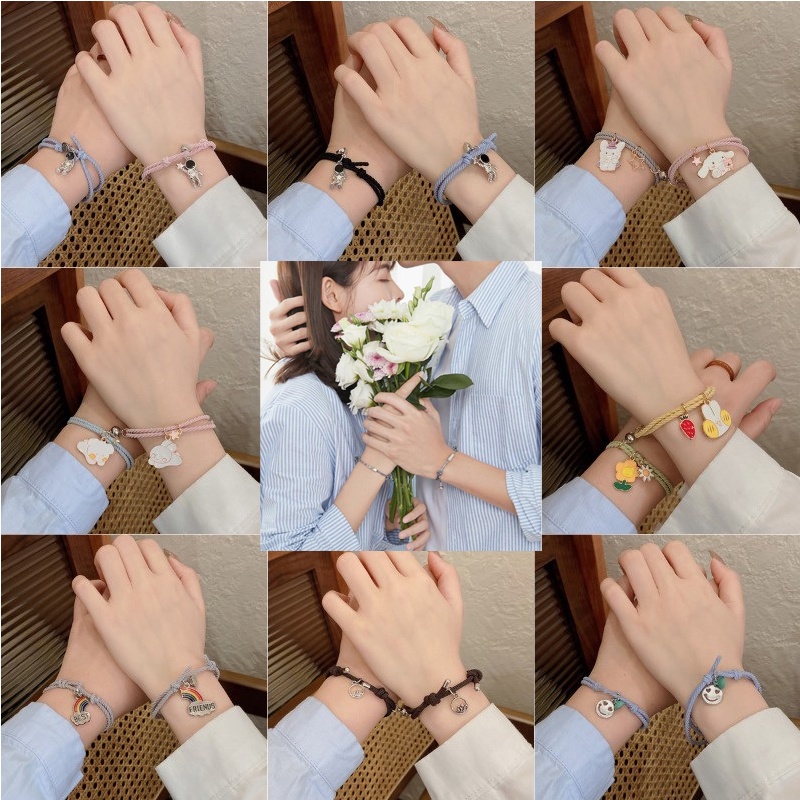 2pcs / Set Gelang Magnet Desain Kartun Astronaut Gelombang Dapat Disesuaikan Gaya Korea Untuk Pasangan