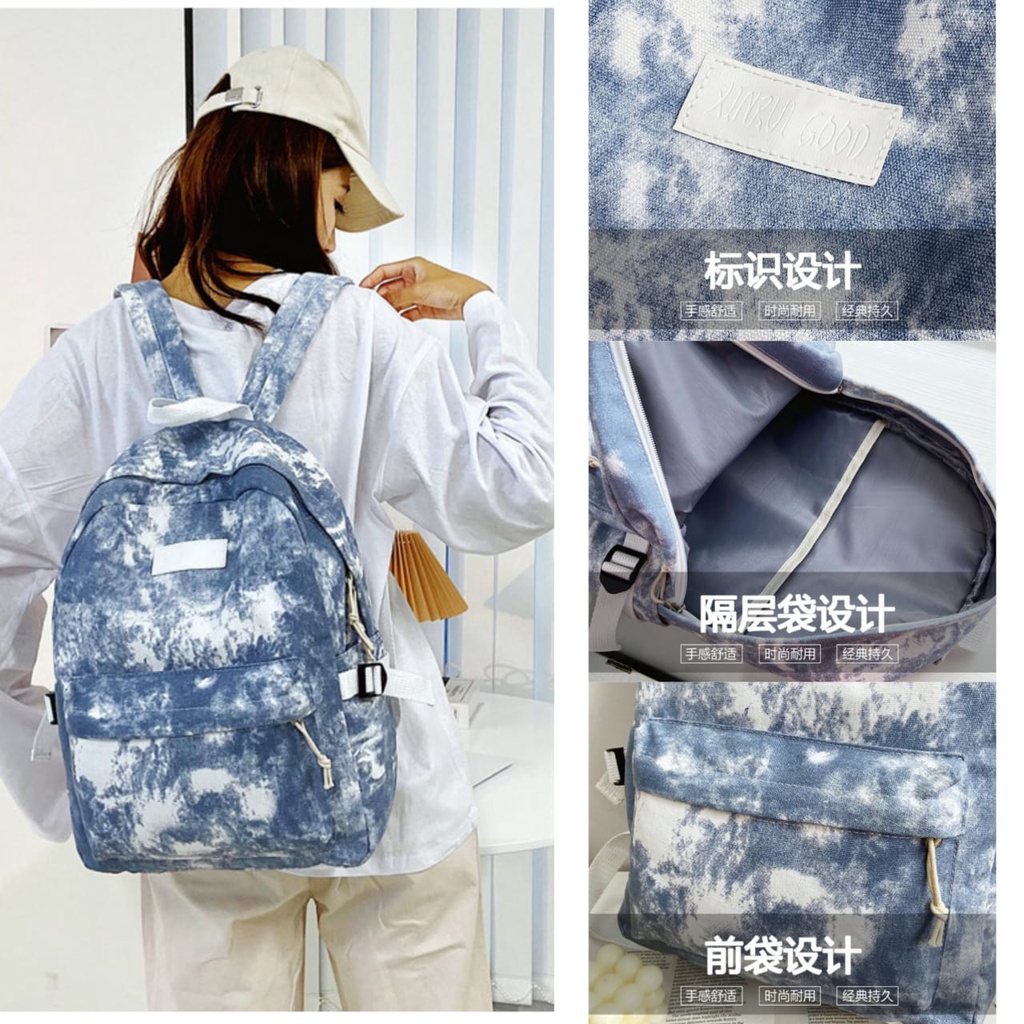 TAS RANSEL WANITA KANVAS TIE DYE BACKPACK REMAJA KOREA KEKINIAN CEWEK GENDONG PUNGGUNG BESAR SEKOLAH KULIAH KERJA BATAM IMPORT PREMIUM MURAH ZENIN TA449B2