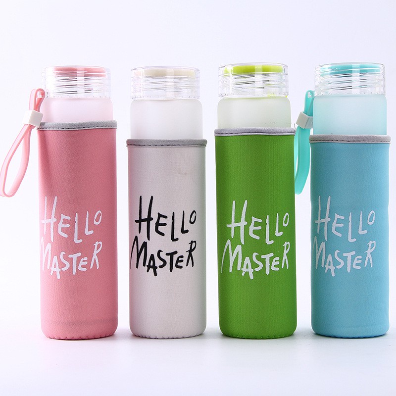 BOTOL MINUM KACA HELLO MASTER + POUCH WARNA UK. 300ML / BOTOL KACA HELLO MASTER