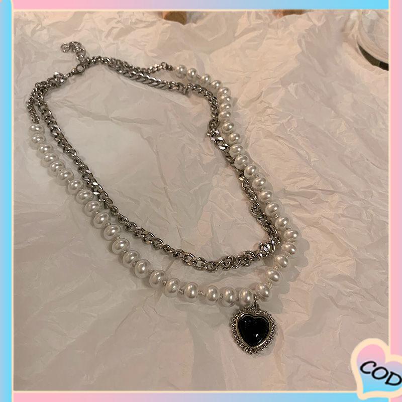 COD❤️ Cinta Hitam Kalung Berlapis Ganda Hip Hop Wanita Keren Angin Retro Mutiara Rantai Klavikula-A.one