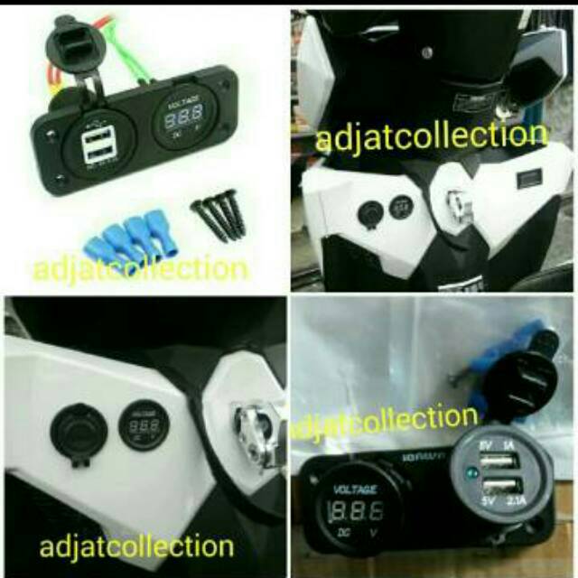 Voltmeter Digital + 2 USB Charger Hp  Motor dan Mobil Lampu Led Biru.