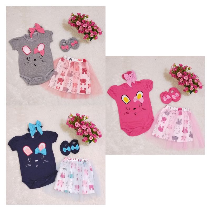 Set Jumper Rok Tile Bandana Sepatu Baby Cantik Baju Bayi Branded