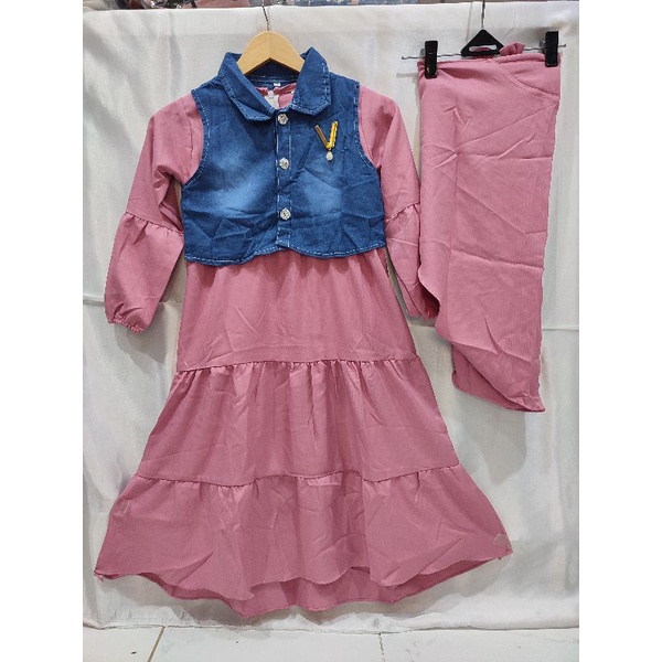 gamis susun anak umur 3.4.5th jaket jeans blazer jeans gamis 2in1