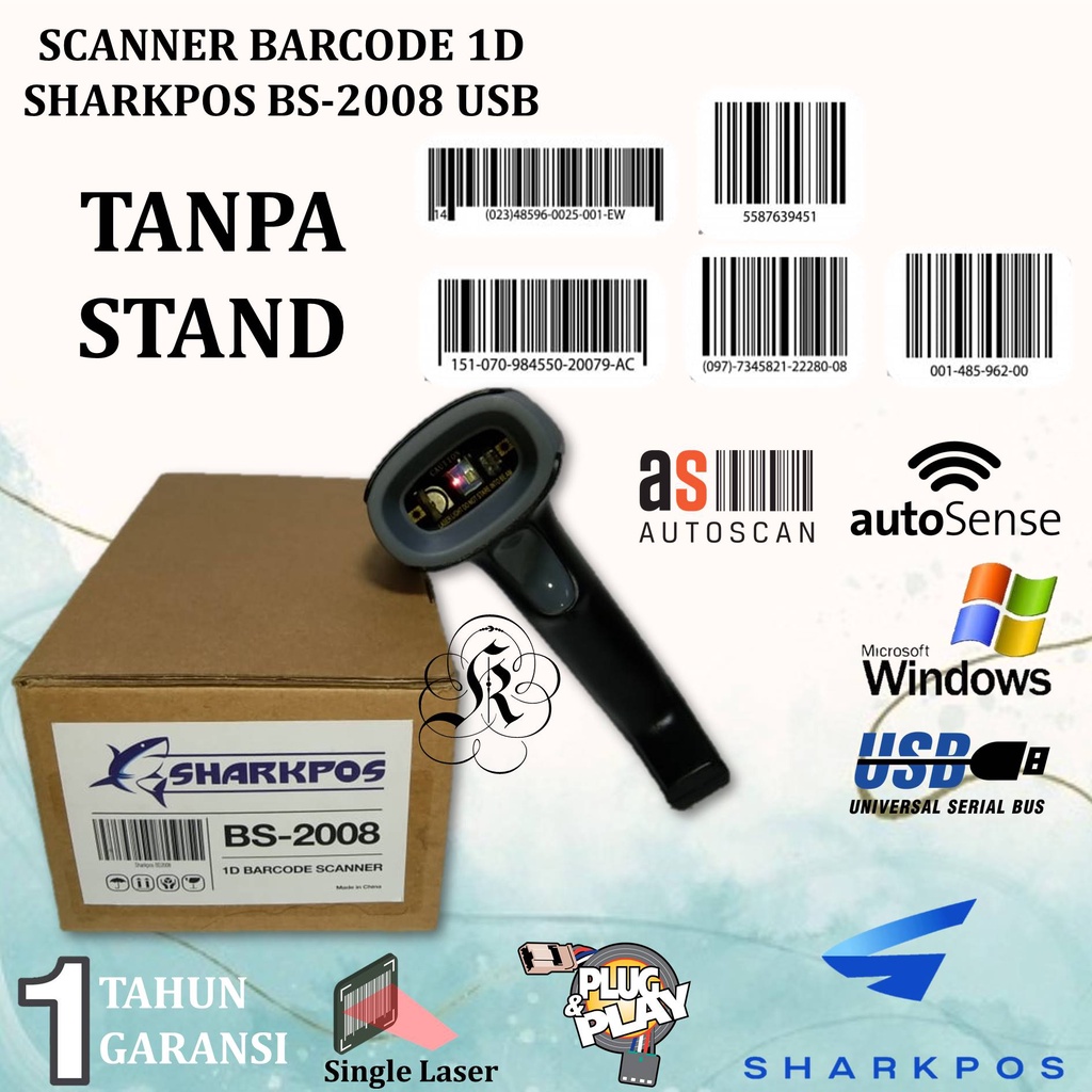 SHARKPOS BS2008 BARCODE SCANNER LASER TANGAN 1D SETARA PANDA PRJ-222/BS-1050/EP1050