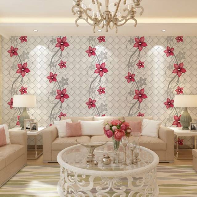 WALLPAPER DINDING MOTIF BUNGA KOTAK MERAH