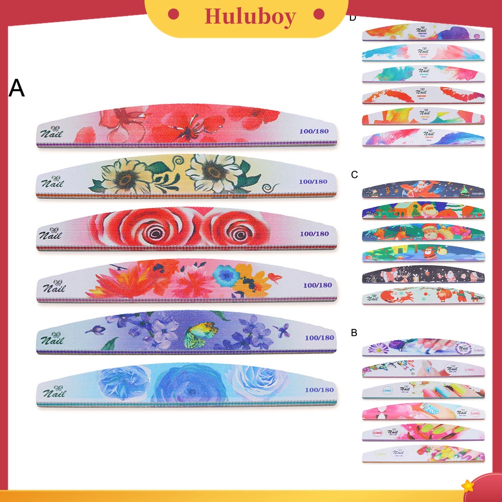 Huluboy Huluboy♡ 6pcs / Set Kikir Kuku Bentuk Bulan Sabit Dua Sisi Warna-Warni Untuk Manicure Wanita