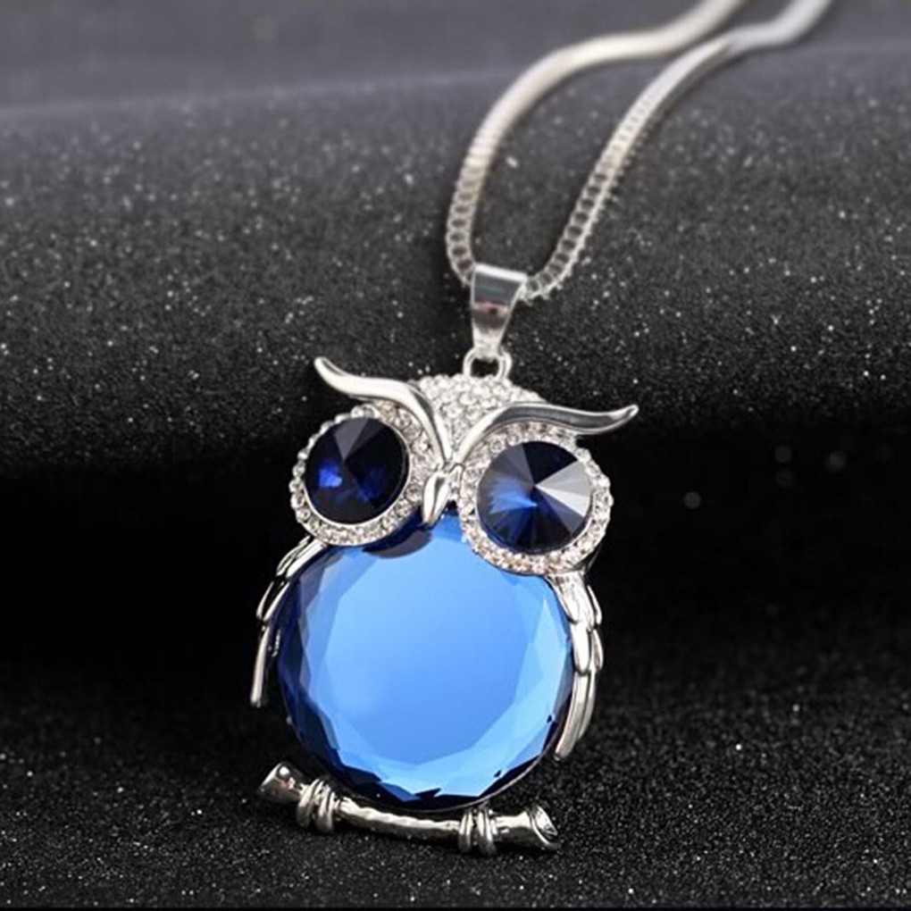 Kalung Rantai Liontin Burung Hantu Warna Biru Dengan Hiasan