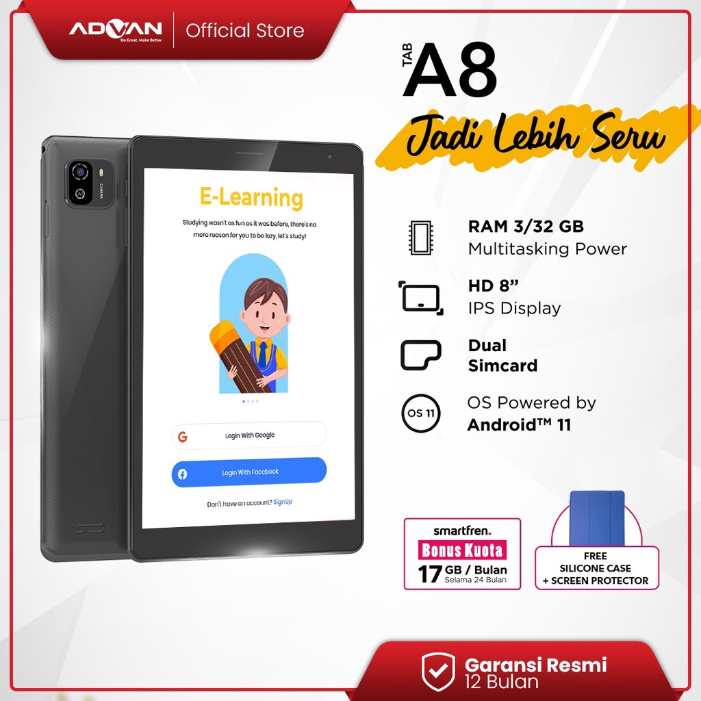 Advan Tab A8 3GB / 32GB Tablet 8 Inch Android 11 Garansi Resmi Bonus Flip Case - Grey