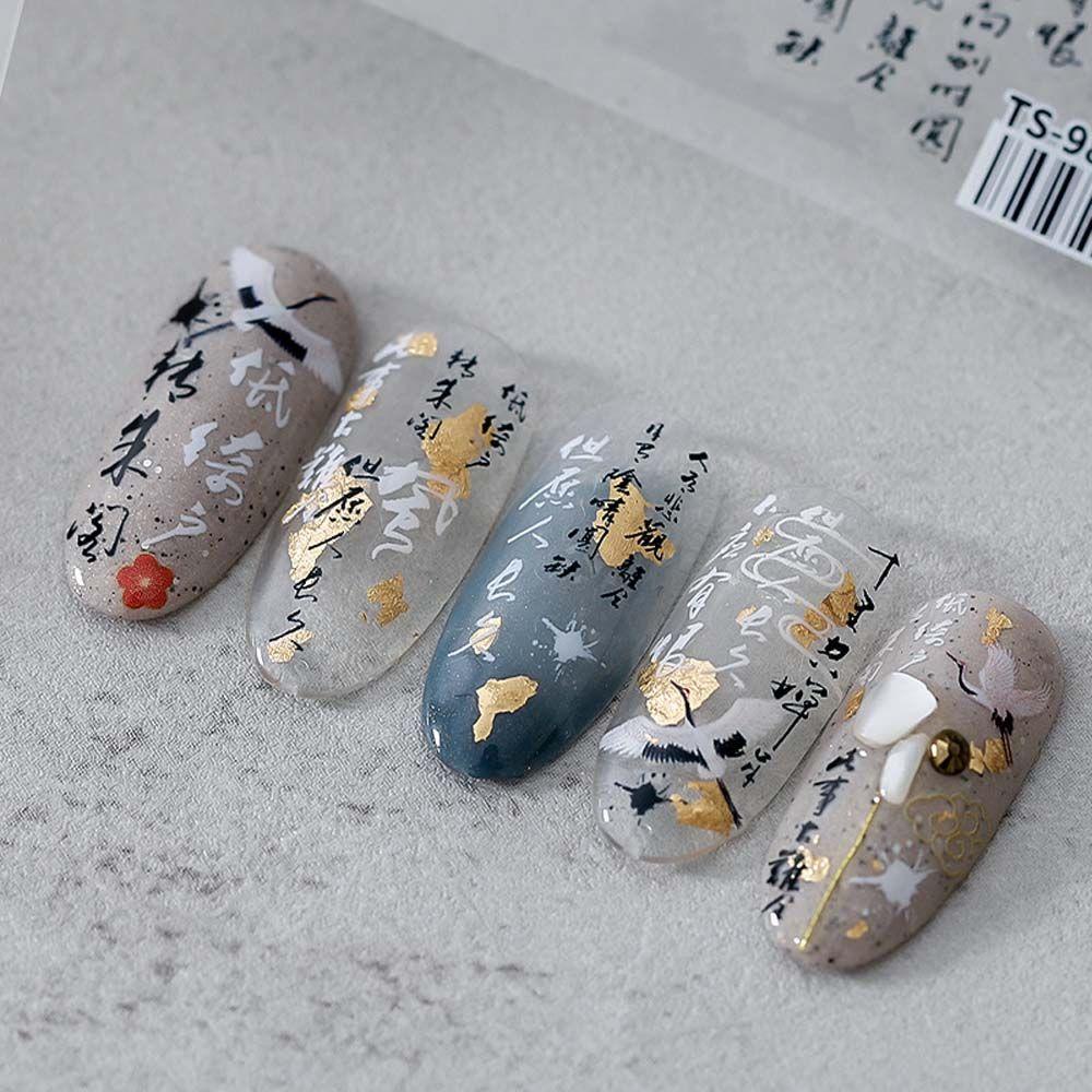 Mxbeauty Stiker Kuku Cina Wanita Perekat Diri Karakter Cina Kaligrafi Kipas Tinta Gaya Antik Nail Art Dekorasi