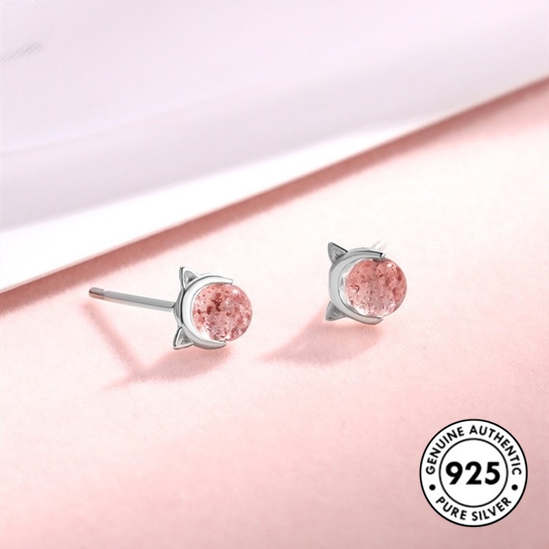 Anting Tusuk Sterling Silver 925 Desain Telinga Kucing Hias Kristal Pink / Merah Untuk Wanita