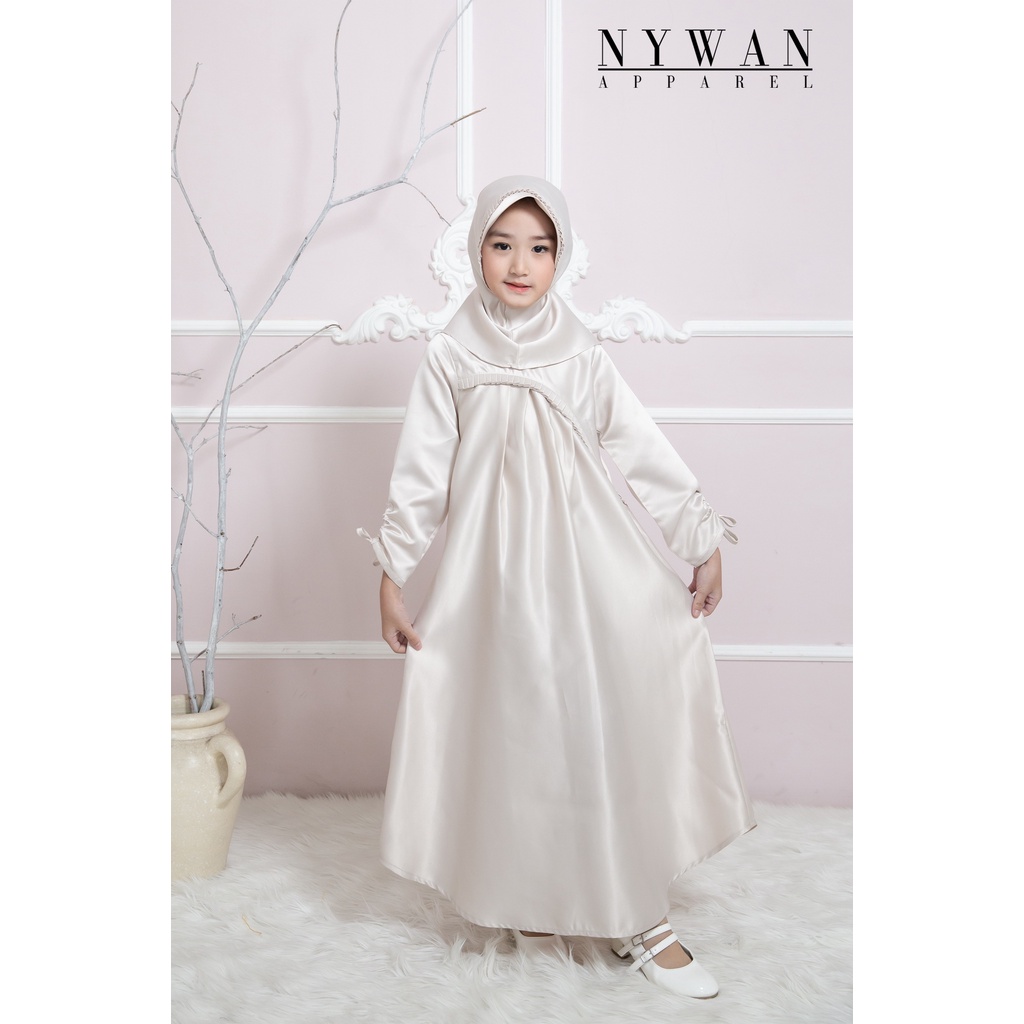 Nywan Apparel baju pakaian Gamis long dress Anak perempuan lebaran 2024 Satin mewah pink, krem, 1,2,3,4,5,6,7,8,9,10,11,12,13,14 Tahun termasuk hijab