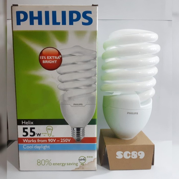 Lampu Helix 55W Putih 55 W Cool Day Light 55 Watt Philips PLC Lampu Spiral Tornado Sepiral 55 W Jumbo Super Terang Ulir Keong E27 Pilips Awet Berkualitas