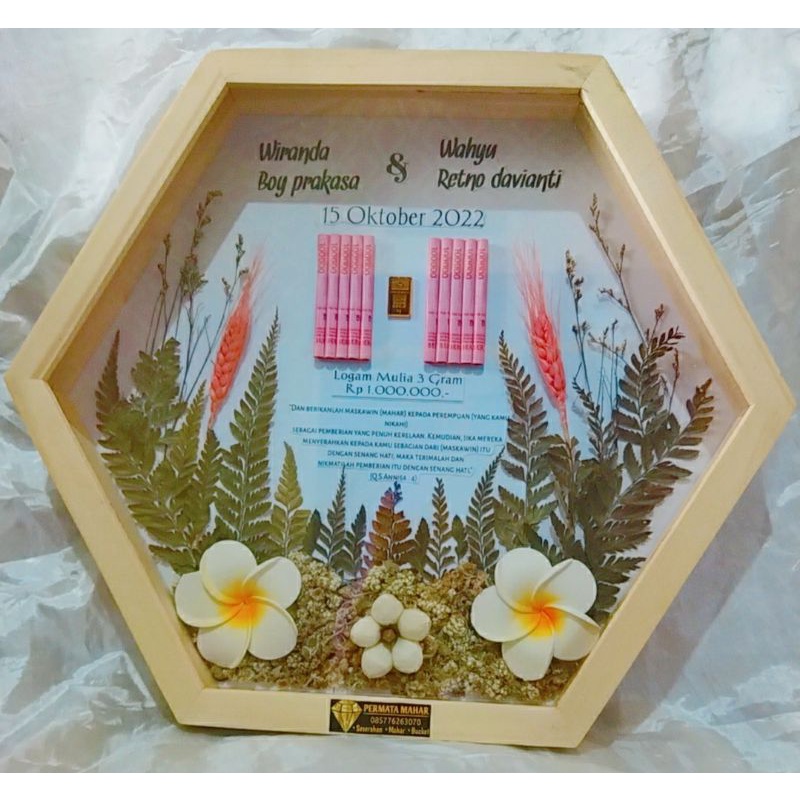 Mahar Nikah Rustic Hexagonal bingkai 3D acrilik