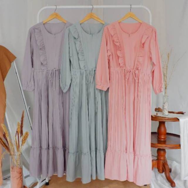 Gamis Dress Dengan Aksen Lipit - Gamis warna pastel