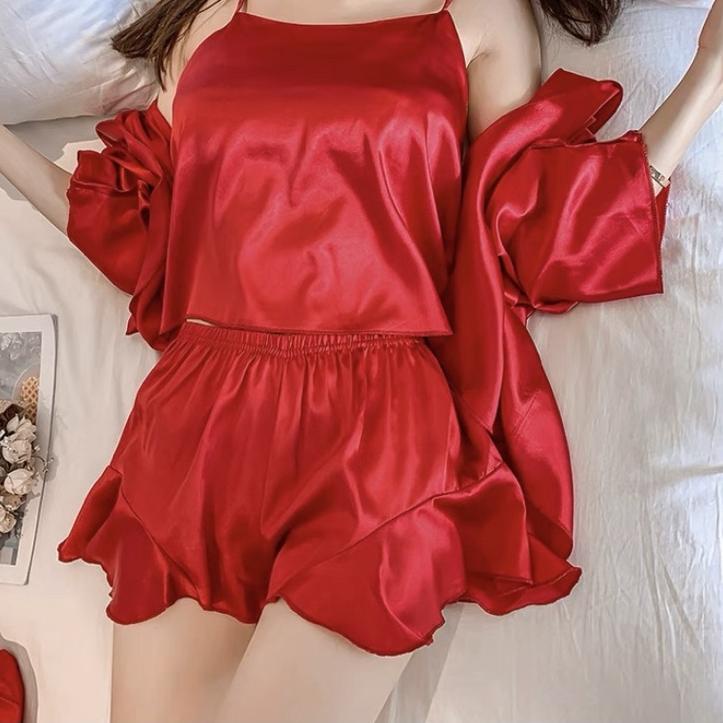 ♛ JC- Set Kimono 3in1 Satin HP / Kimono Set Wanita Terbaru / Piyama Satin Sexy HP murah ♫