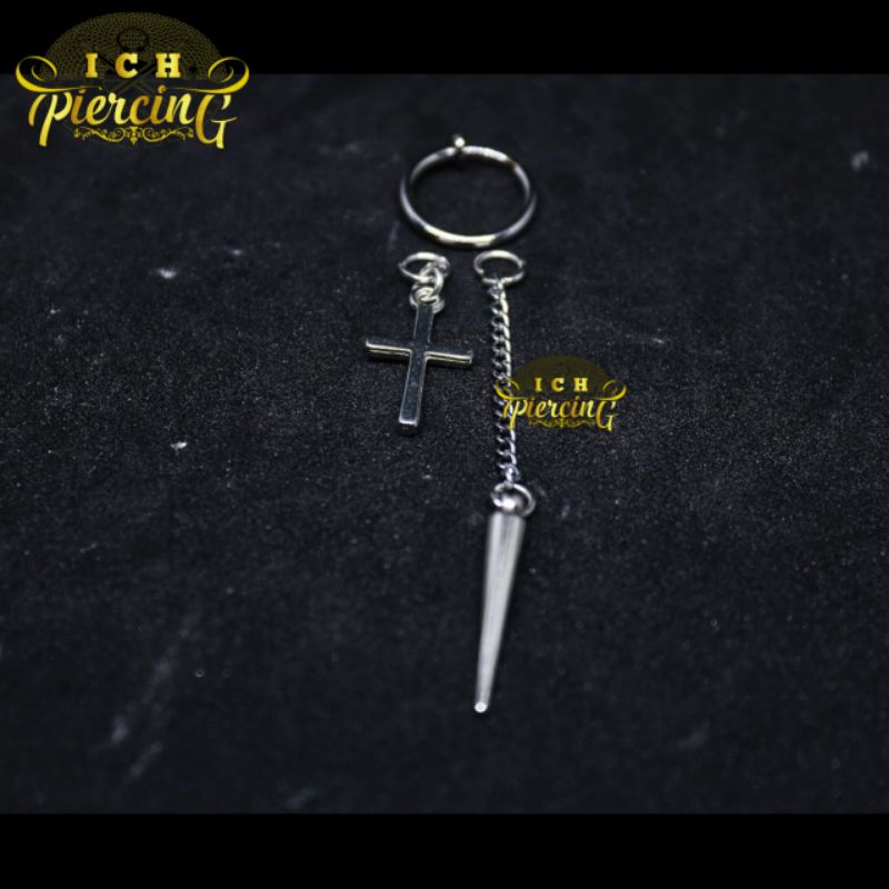 Anting Hoop gantungan model Salib Rantai  Anting Jepit dan Tindik PUNK KOREA Titanium steel