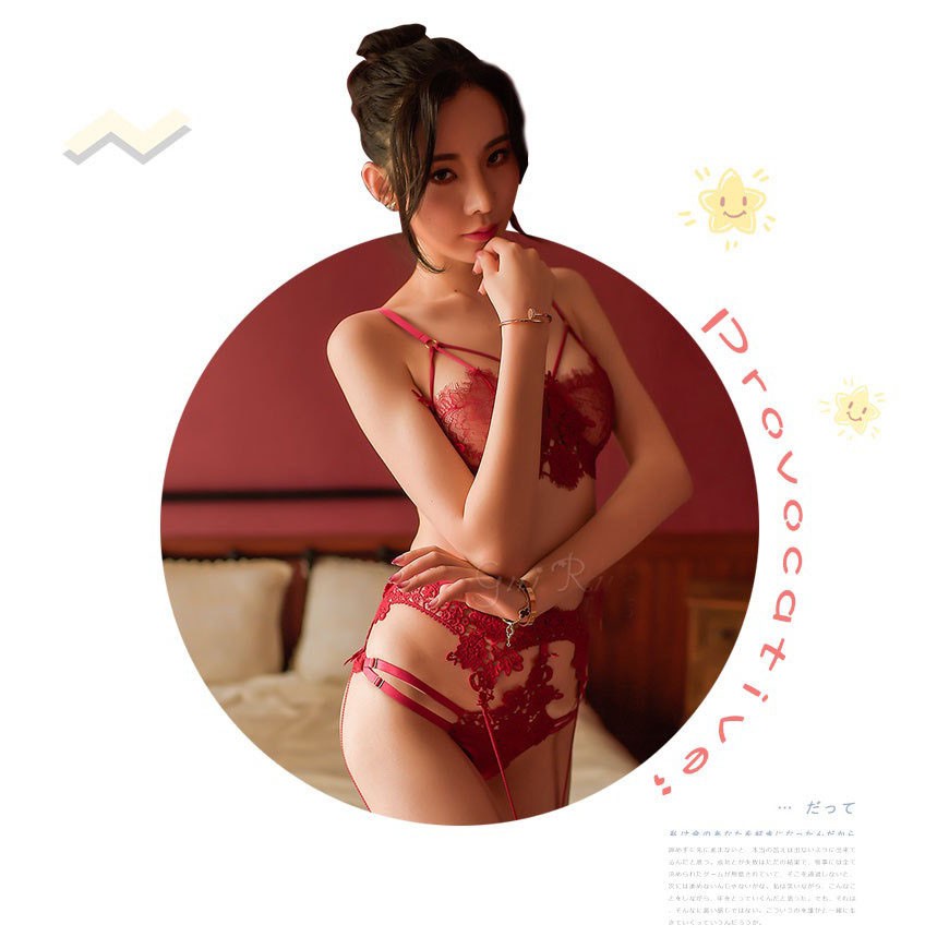 Lingerie Wanita Set Bra G String Lace transparan Sleepwear&Stoking Garter Suspender Lingerie B0170