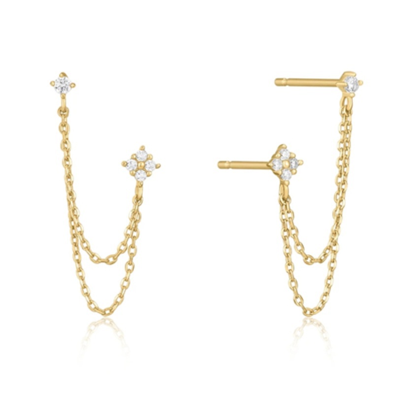 Anting Stud Rantai 925 Sterling Silver 14K Gold Hias Berlian Untuk Wanita