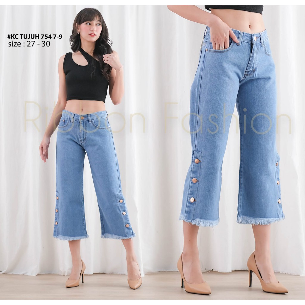 Ribbon Fashion - RF KULOT JEANS 7/9 KANCING TIGA RAWIS WARNA BIRU MUDA WANITA / CELANA JEANS KULOT B