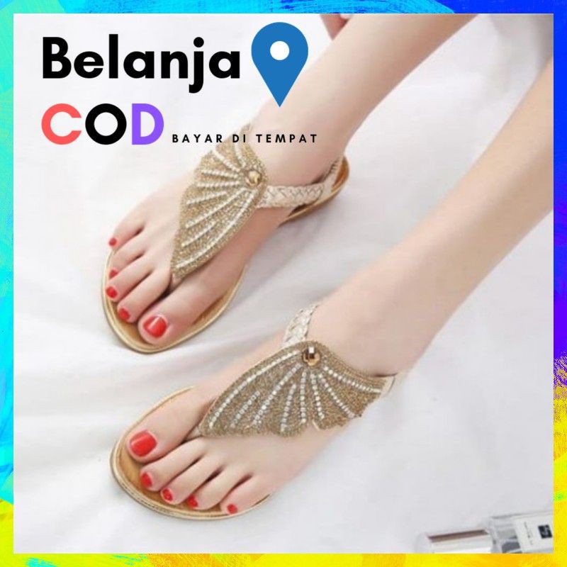 SANDAL SENDAL WANITA JEPIT TALI HITAM/GOLD