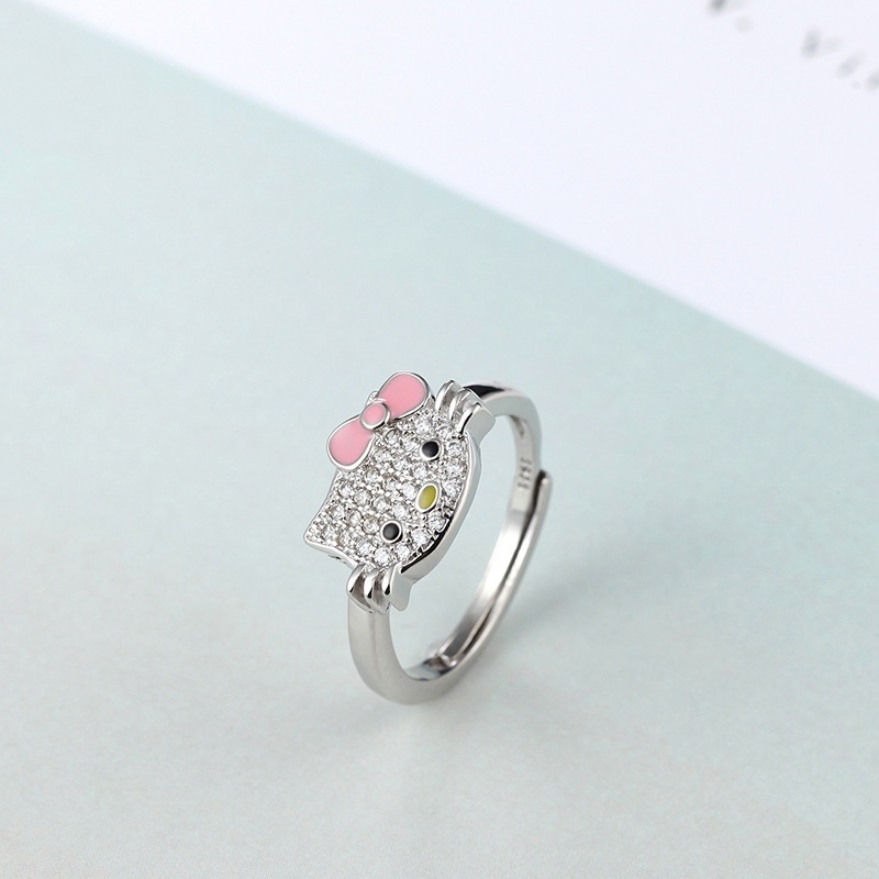 Cincin Kristal Berlian Penuh Desain Kartun Anime Sanrio Kucing Untuk Aksesoris Wanita