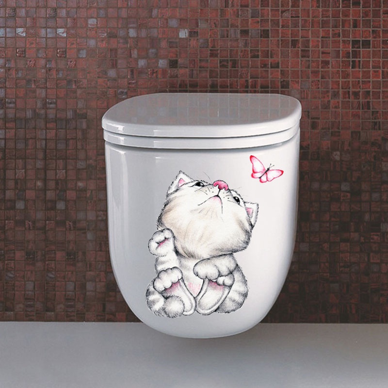 Stiker Dinding Desain Kucing Dapat Dilepas Dengan Perekat Tahan Air Untuk Dekorasi Toilet Kulkas Kamar Mandi