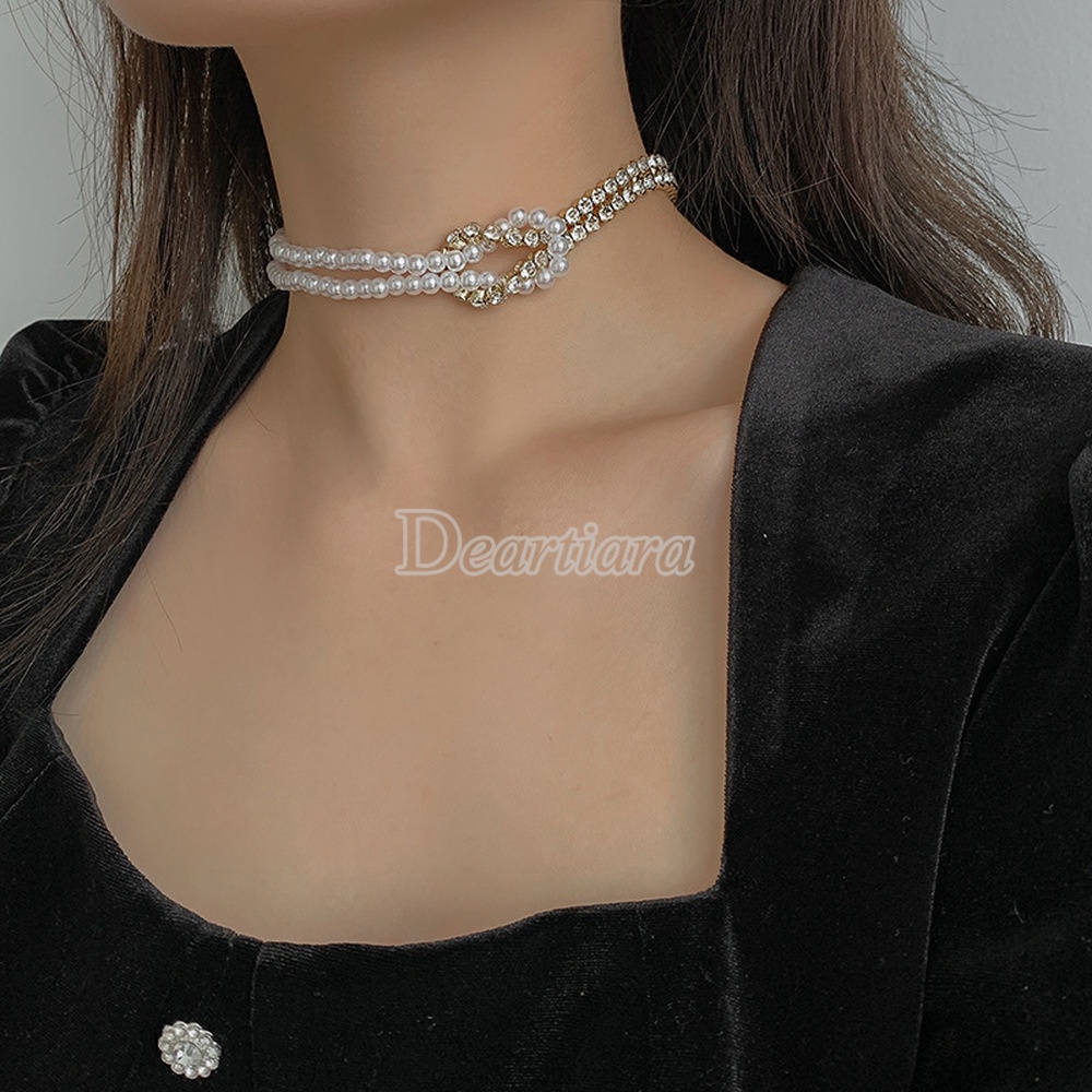 Kalung Rantai Pendek Dengan Liontin Mutiara + Berlian Imitasi Untuk Wanita