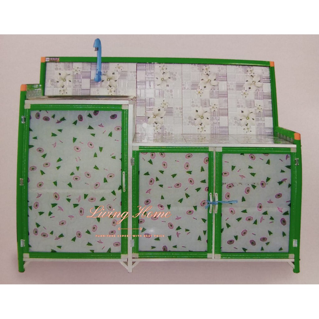 Meja Kompor Wastafel 3 Pintu Lemari Dapur Keramik Rak Piring Gelas Aluminium Kaca