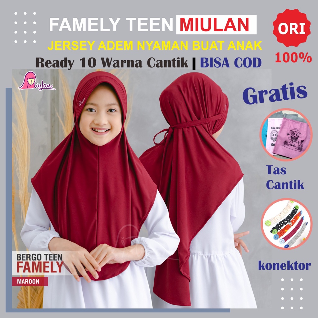 Jilbab Famely Teen Miulan Bergo Anak Sekolah SD Hijab Instan Anak Cantik Bahan Jersey Nyaman Untuk A