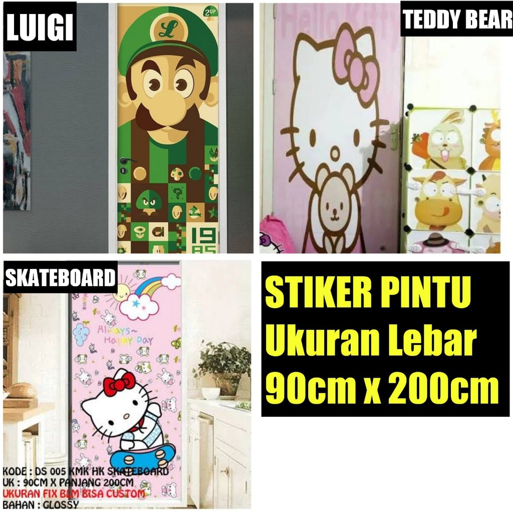 WALLSTICKER STIKER PINTU MOTIF KARTUN MARIO LUIGI HELLO KITTY TEDDY BEAR SKATEBOARD UK 90CM X 200CM