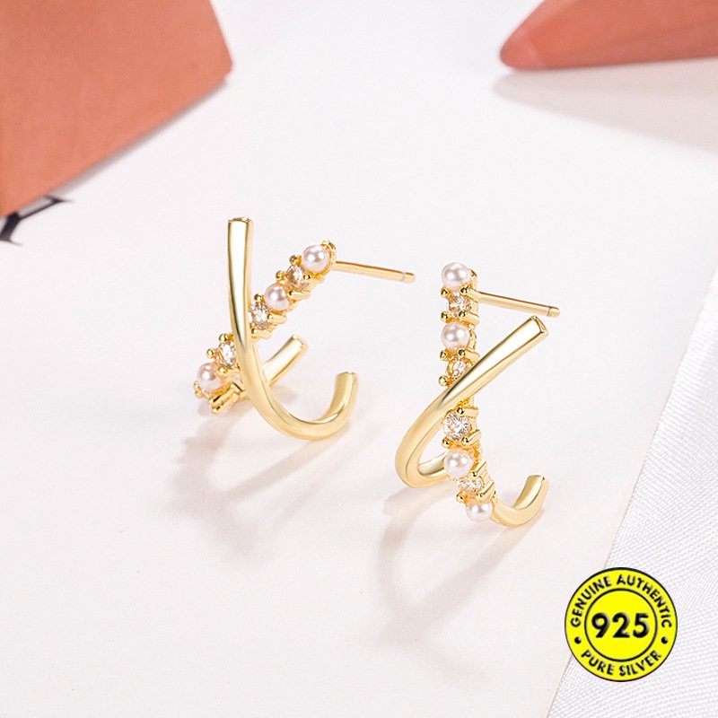 Anting Tusuk Lapis Emas 18K Desain Salib Hias Mutiara + Berlian Imitasi Untuk Wanita U930