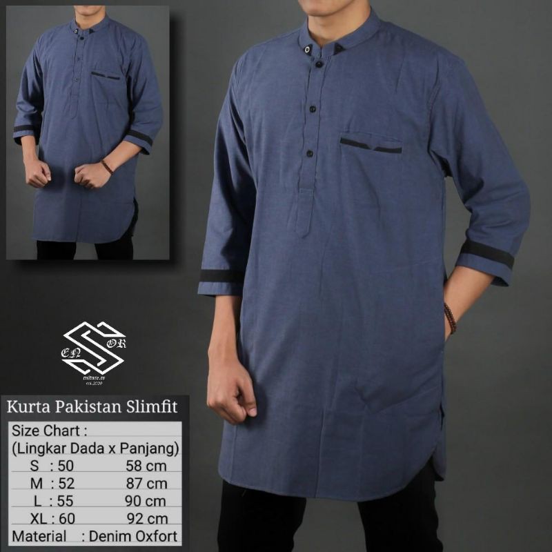 Baju Koko Qurta Pria Lengan 3/4 Warna Biru Denim Terlaris
