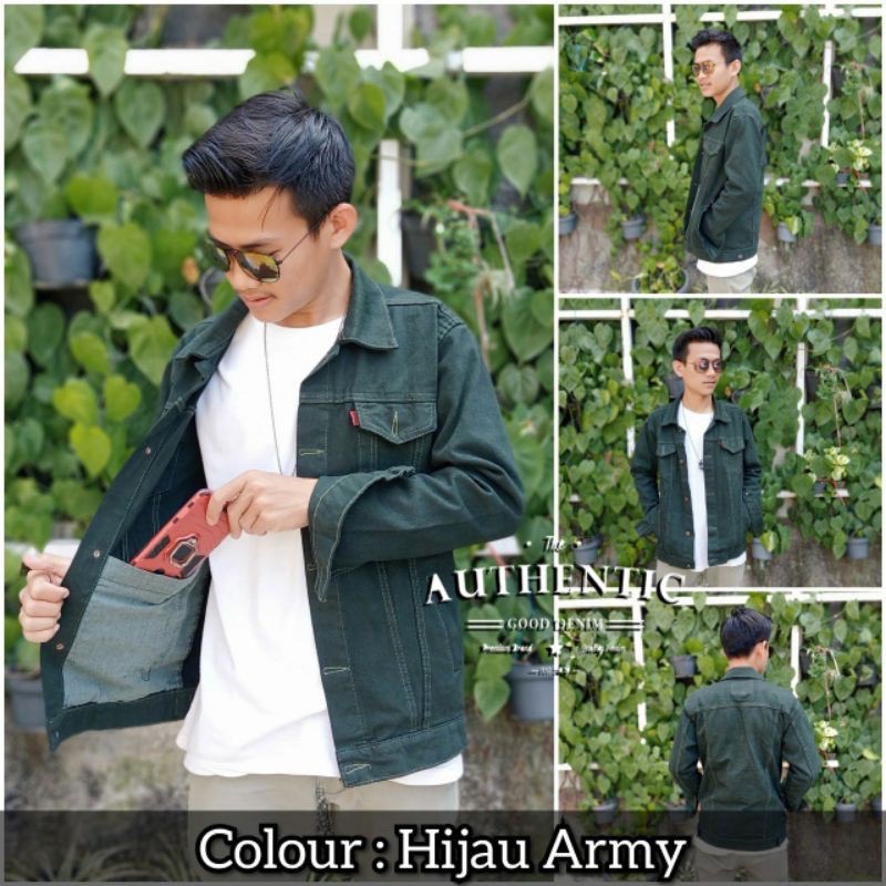 (BISA COD) jaket jeans hijau tua,green army saku dalam pria