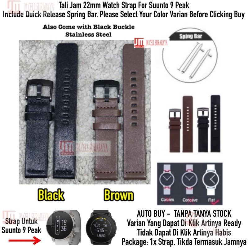 Tali Jam 22mm Watch Strap Suunto 9 Peak / Pro - Modern Leather Kulit Black Buckle