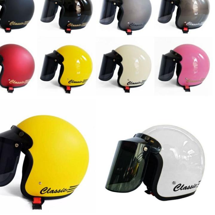 Terbaru helm bogo classic kaca datar/helm bogo polos garis tiga kaca flat sni pria wanita/ helm bogo