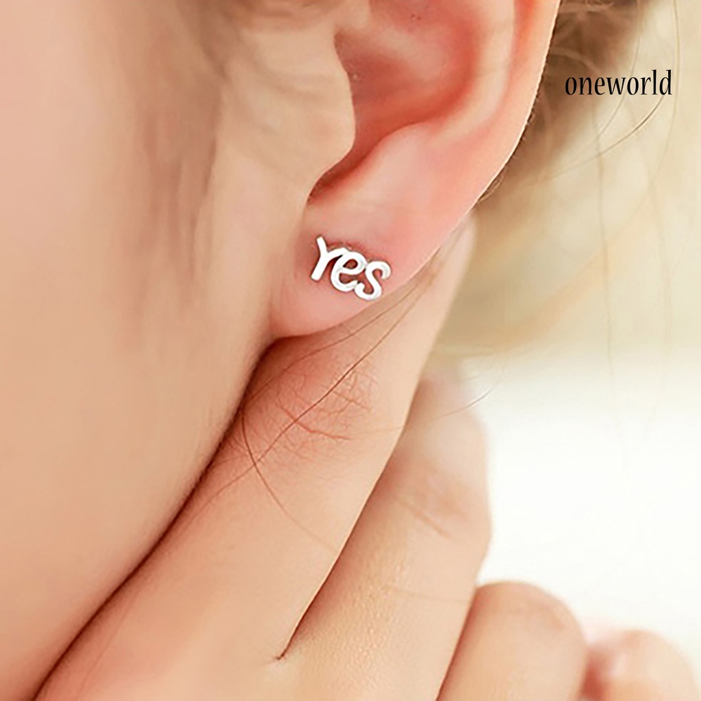 OW@ 1Pair Earrings Fashion 925 Sterling Silver YES NO Korean Style Ear Stud for Party