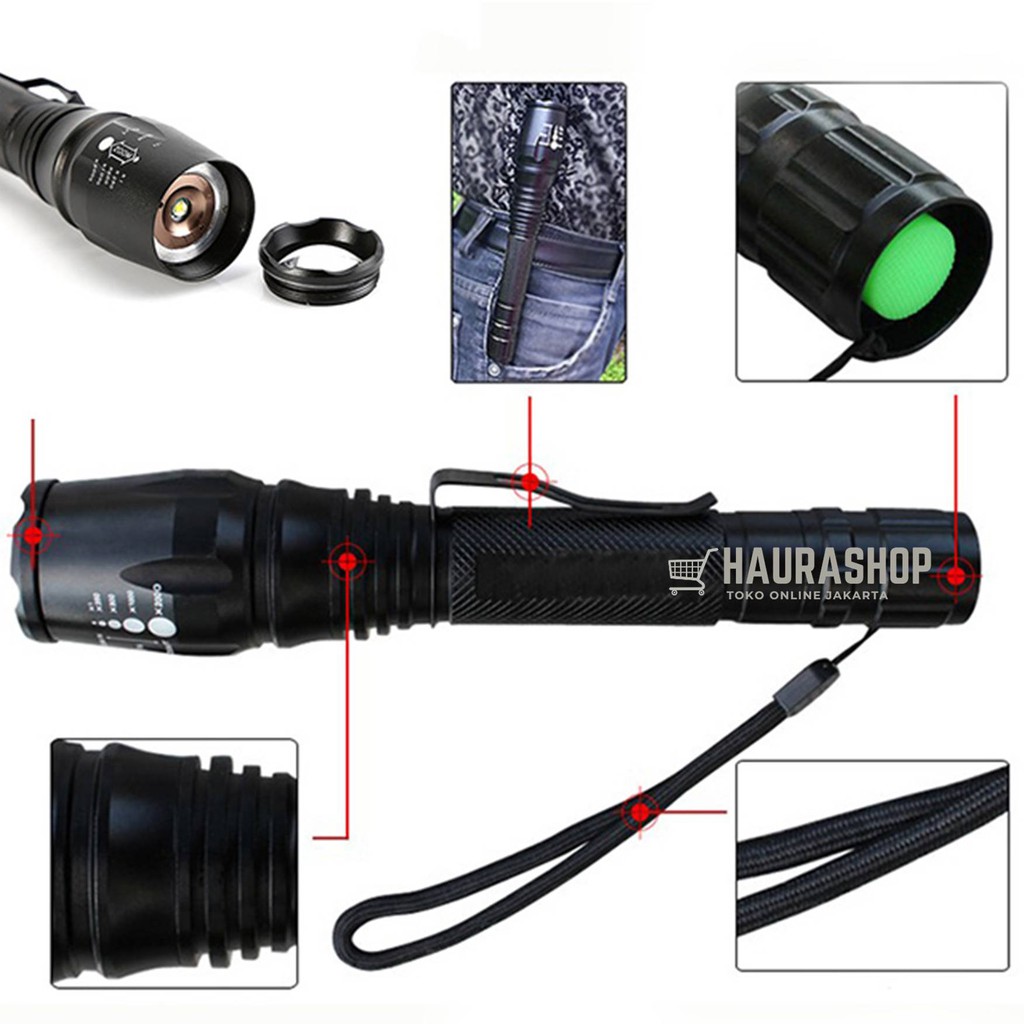 ( X8 1 Paket ) Senter LED Jarak Jauh Waterproff Anti Air Cree XM-L T6 3800 Lumens + 2 Baterai Dan Charger