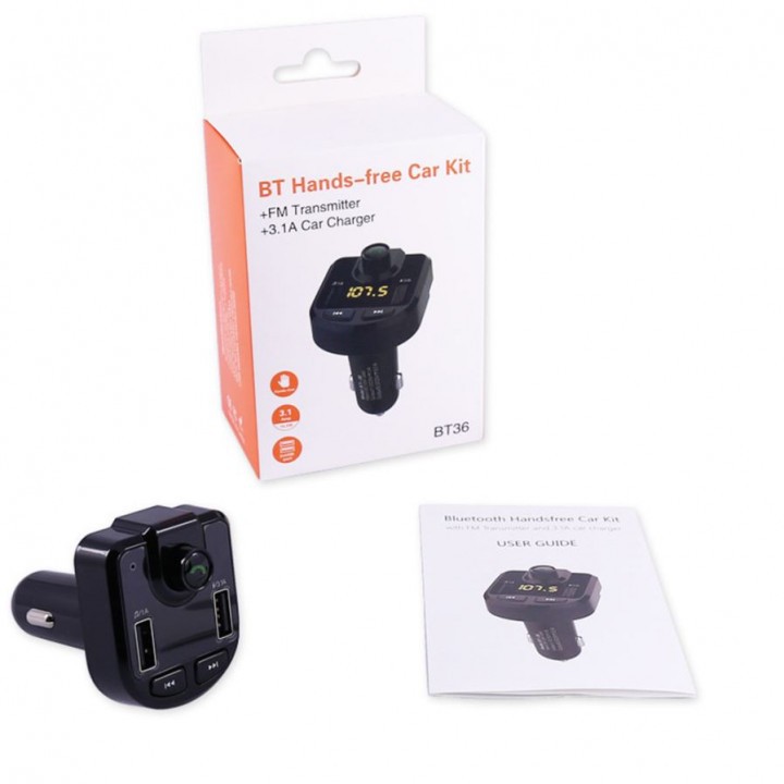 BT36 Bluetooth Handsfree Car Kit with FM Transmitter 3.1A 2 USB Port Charger Music Play