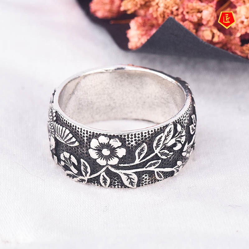 [Ready Stock]Vintage Neutral Silver Black Flower Bird Ring