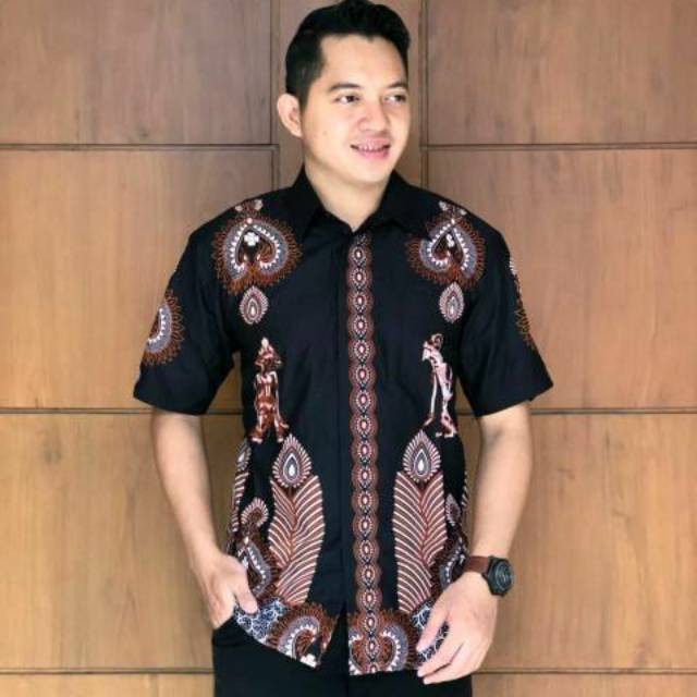 Terlaris / Kemeja Batik Pria Modern Wayang Susun. Batik Jokowi Lengan Pendek