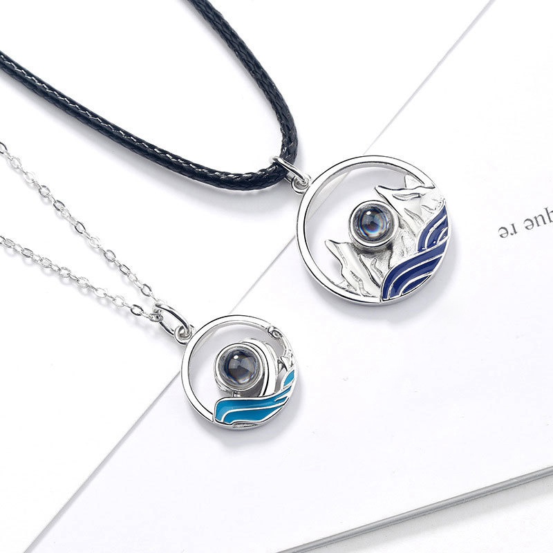 Black 2Pcs 100 Different Language I Love U Nanotechnology Lover Pendant Necklace Mountain Range Ocean Wave Lovers Jewelry Set