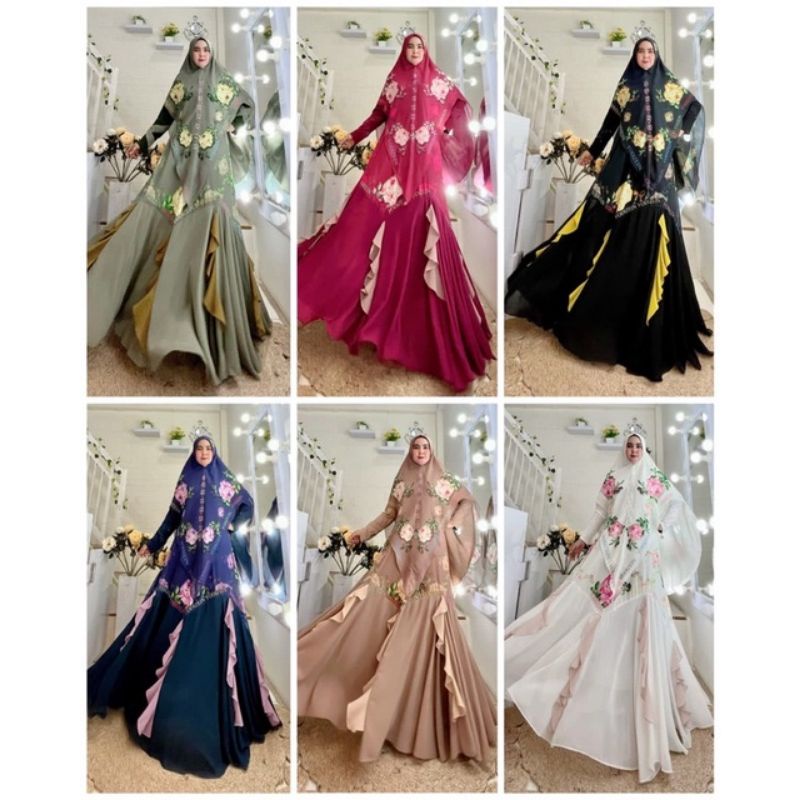 Shyfa Dress Premium by Yodizein Syar'i • Gamis set Khimar Motif Printing Unik Lebaran