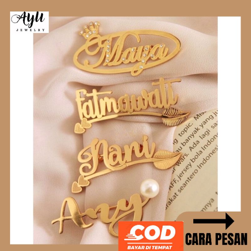 Bros Ukir Nama Pin Hijab Lapis Emas Bisa Custom Logo Mrk