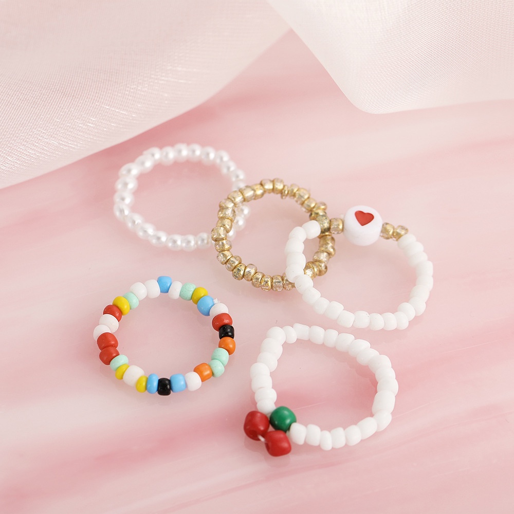 Colorful Rice Beads Rings Set Pearl Love Handmade Beaded Ring