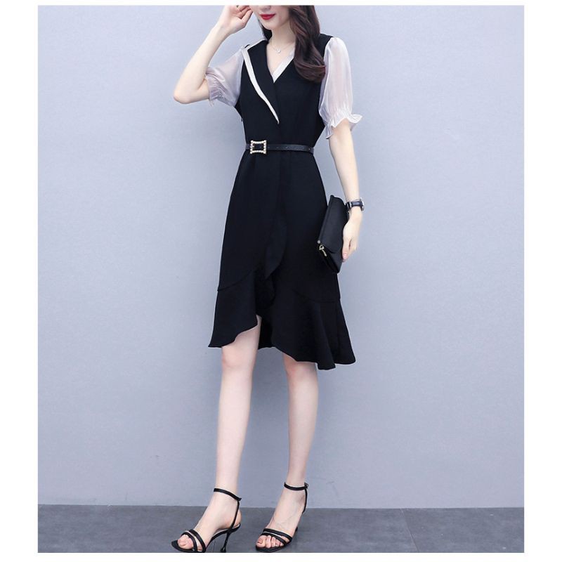 Dress hitam model belt cantik bahan cotton lengan pendek elegant