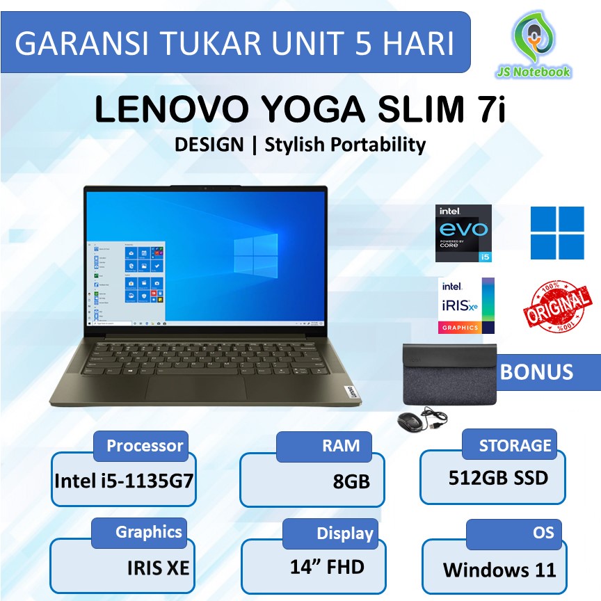 LENOVO YOGA SLIM 7i 14 EVO I5 1135G7 8GB 512SSD IRISXE W11+OHS 14.0FHD IPS-DARK MOSS/SLATE GREY