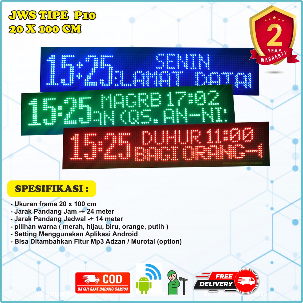 Jam Sholat Running Text Auto Tartil Uk 100x20cm jam masjid digital waktu sholat running text murah j