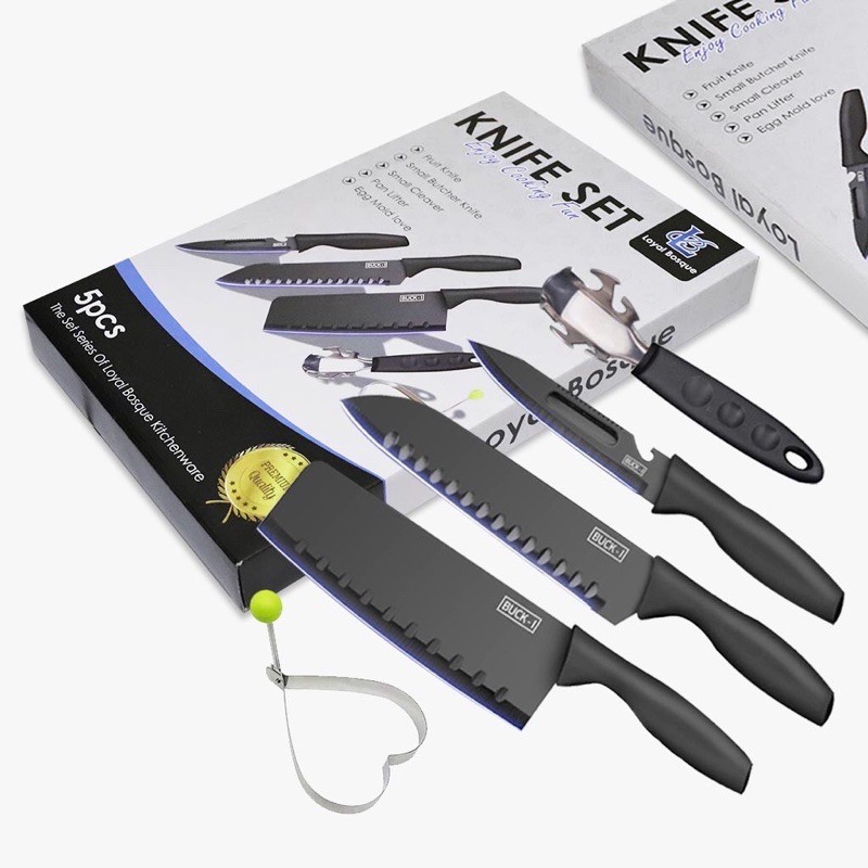 Set Pisau Dapur Premium 5 Pcs in 1 Warna Hitam Stainless Steel Anti Karat Perlengkapan Dapur Chef Knife Set Clever Import - J12 - Comforthomes