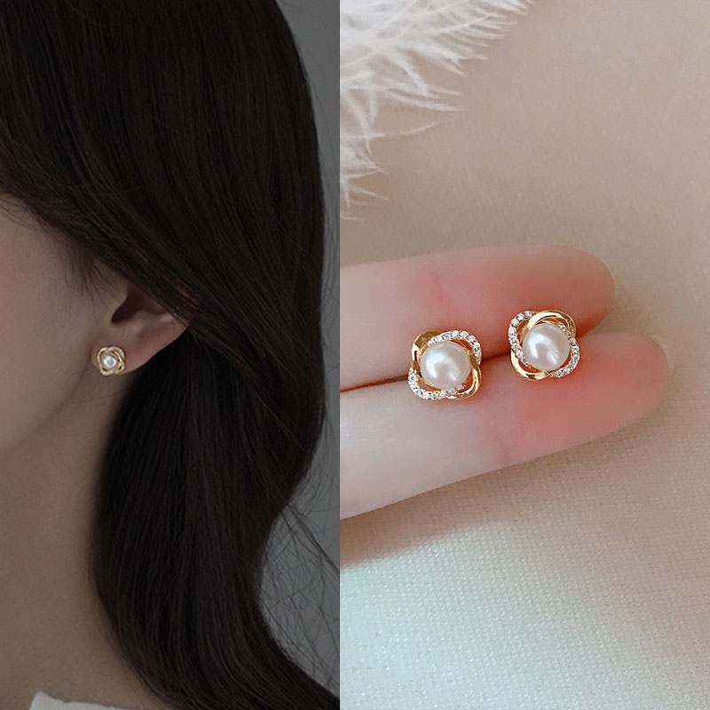 Anting Mutiara Berlian Imitasi Bentuk Geometris Gaya Korea